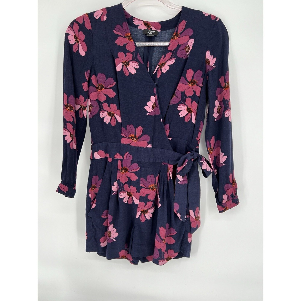 Ann Taylor LOFT Navy and Purple Floral Romper Women's Size 00P Long Sleeves